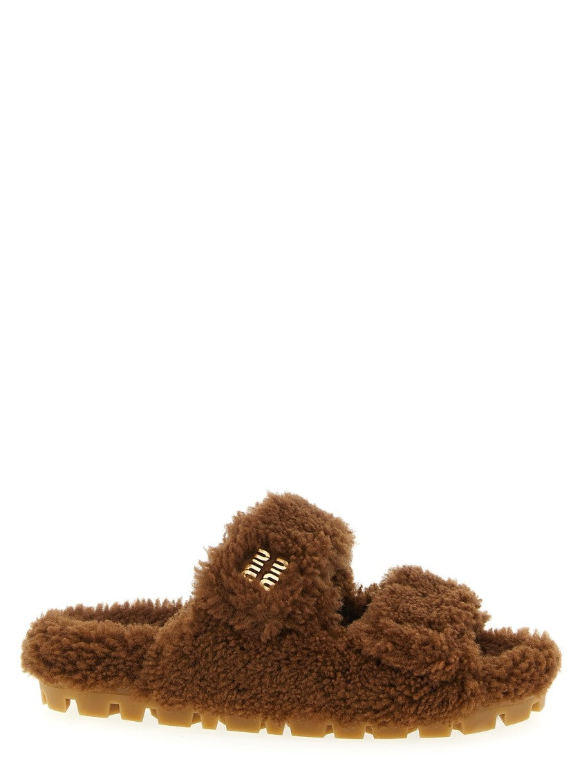 Miu Miu Brown Shearling Sandals With Adjustable Velcro Straps And Logo Appliqué