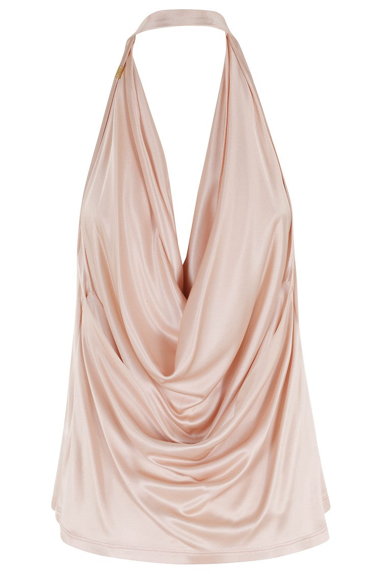 Elisabetta Franchi Pink Shiny Gutter-Neckline Logo Viscose Tank Top