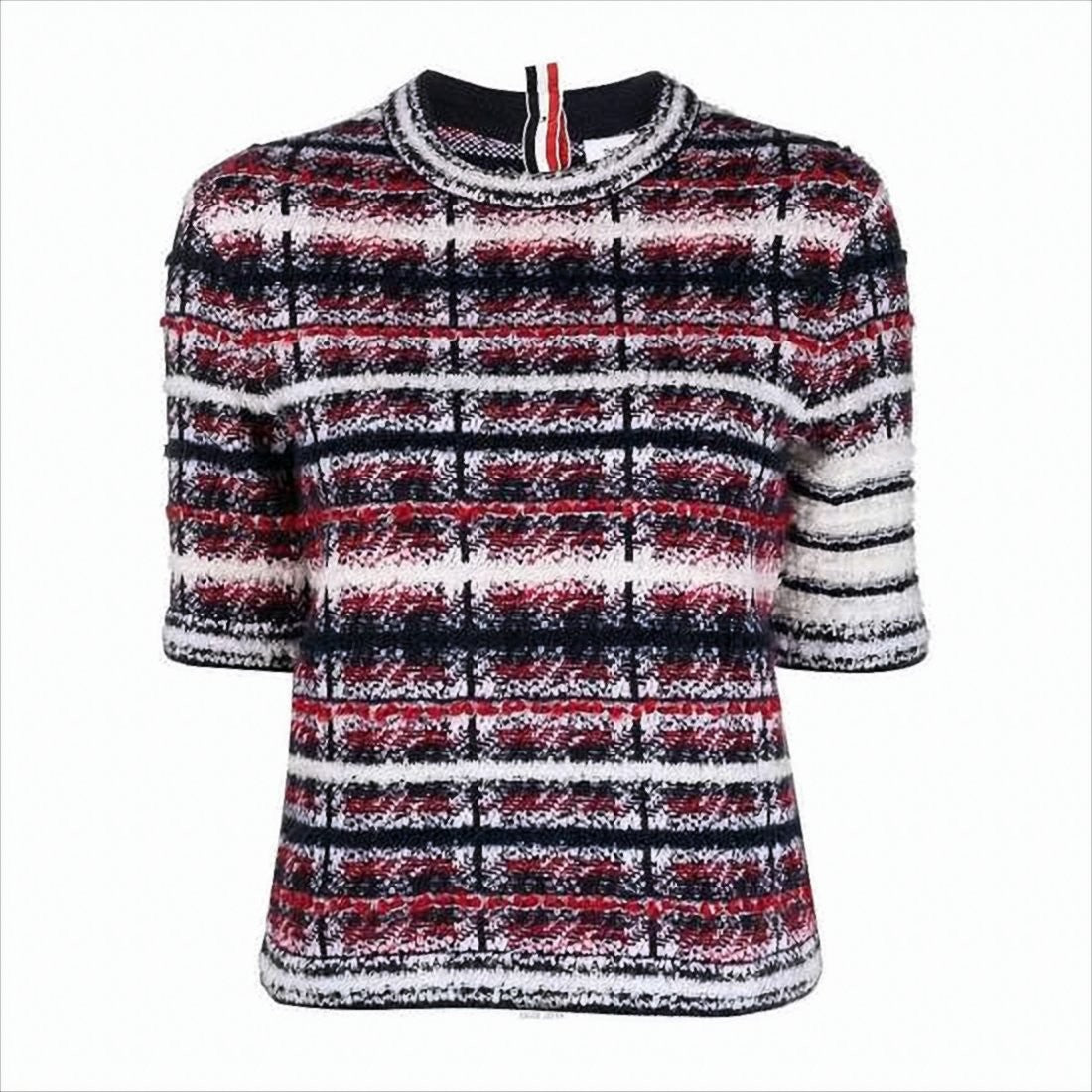 Thom Browne Short-Sleeved Textured Knit Plaid Sweater