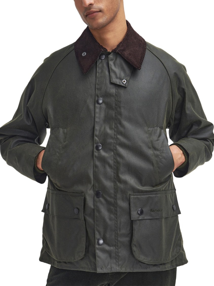 Barbour Waxed Cotton Jacket With Dark Brown Corduroy Collar