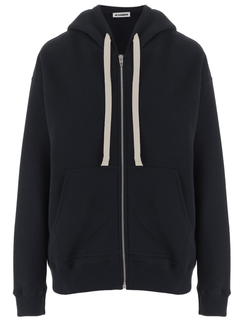 Jil Sander Navy Cotton Hoodie With Front Zip And Vertical Logo