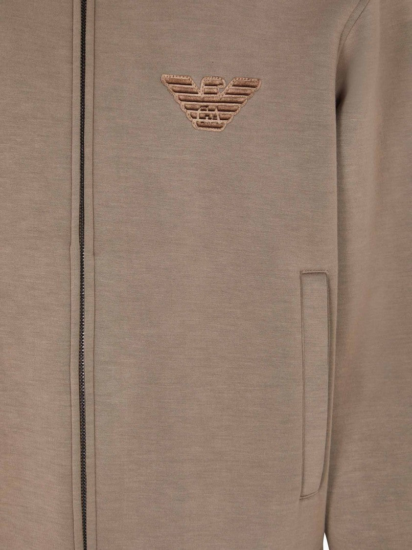 Emporio Armani Beige Modal Zip-Up Sweatshirt With Bomber Collar