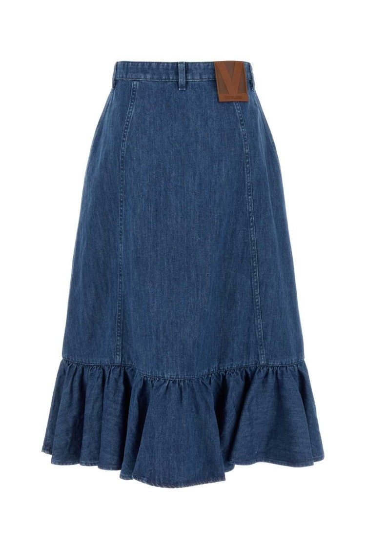 Valentino Garavani Flared Denim Skirt With Ruffled Hemline