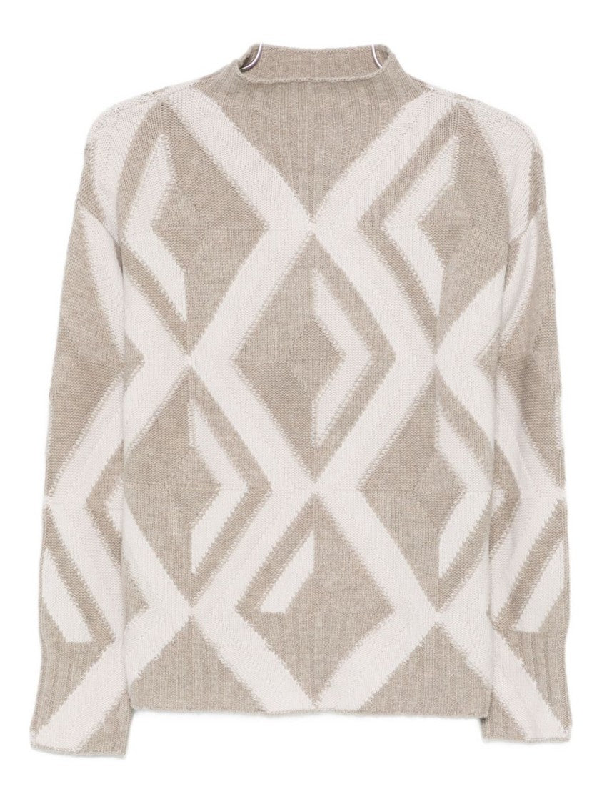Alpha Studio Beige Knit Sweater With Geometric Pattern