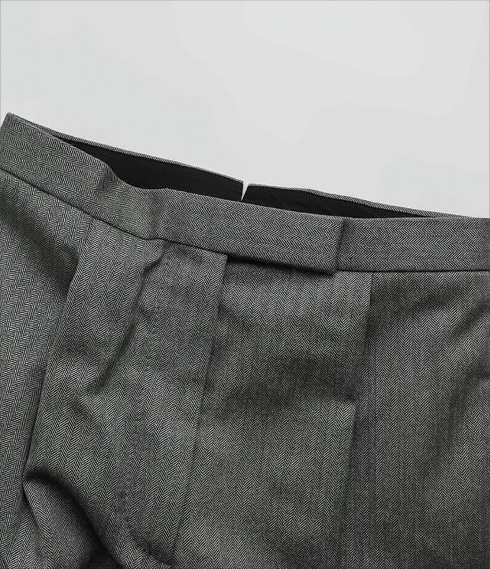 Thom Browne Tailored Grey Herringbone Wool Pants With Cuffed Hems