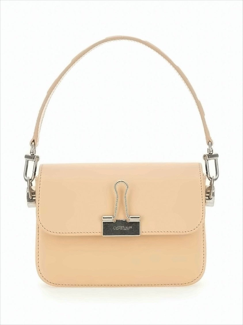 Off-White Rectangular Light Beige Shoulder Bag With Silver-Tone Closure