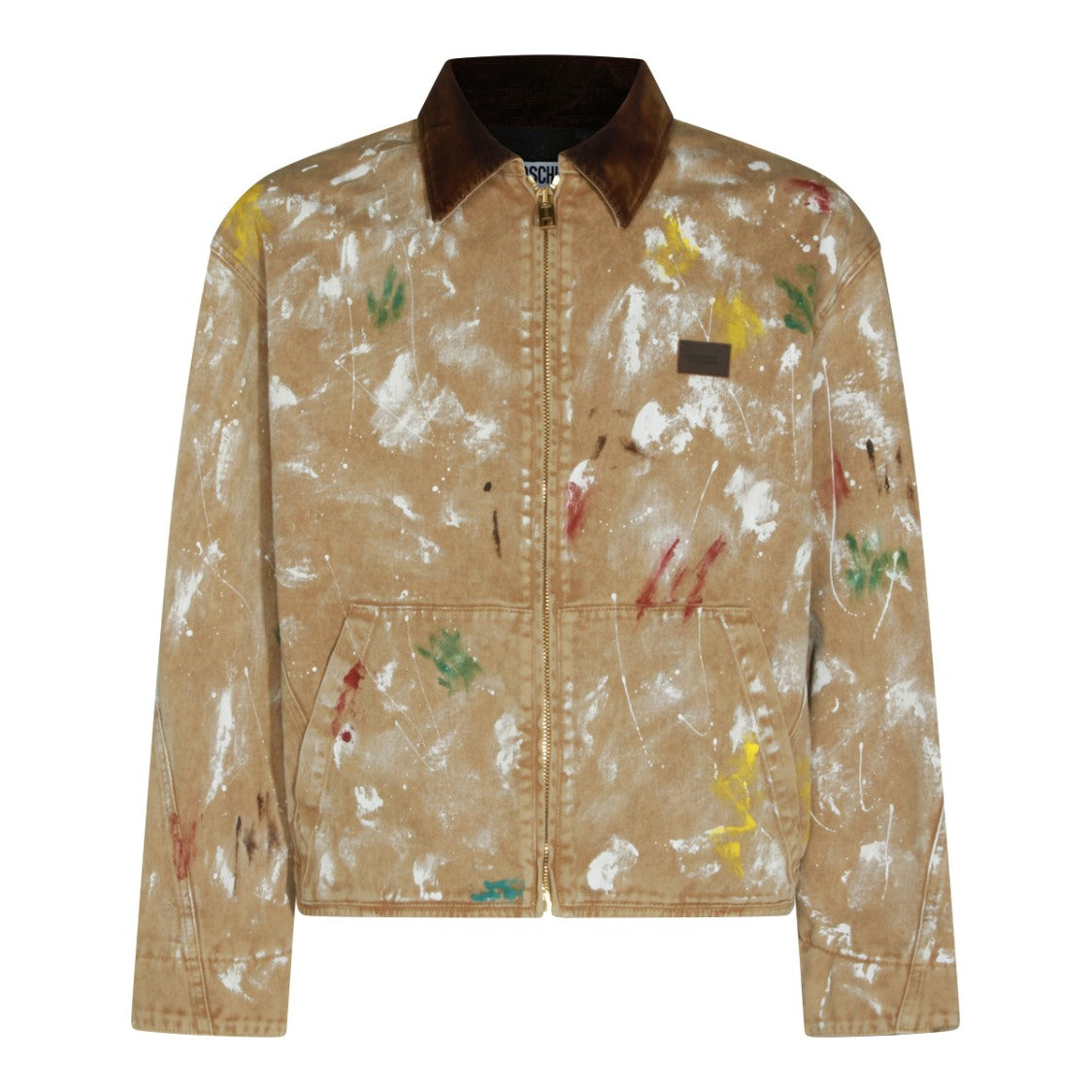 Moschino Sand Leather Casual Jacket With Artistic Paint Details
