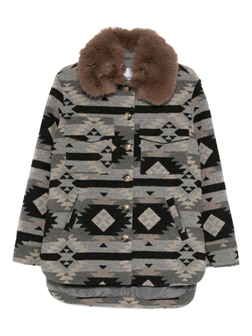Ava Adore Boxy Short Coat With Geometric Tribal Pattern And Oversized Fur Collar