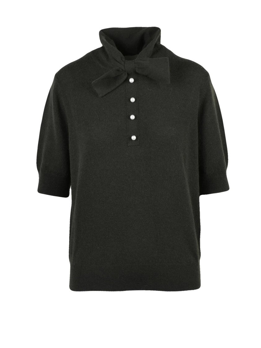 Allude Knit Polo Shirt With Bow Detail And Pearl Button Accents