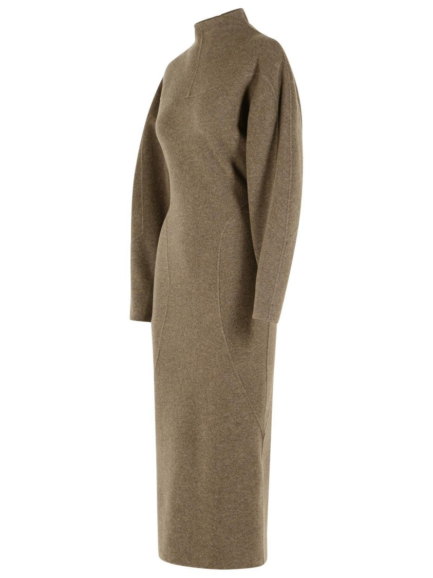 Max Mara Fitted Brown Wool And Cashmere Midi Dress With Riser Collar