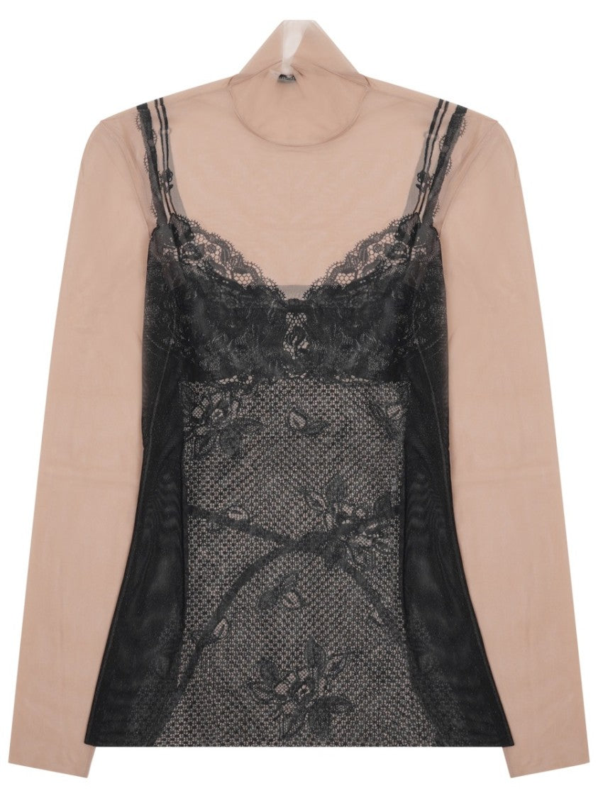 Balenciaga Sheer Long-Sleeve Top With Black Lace Overlay