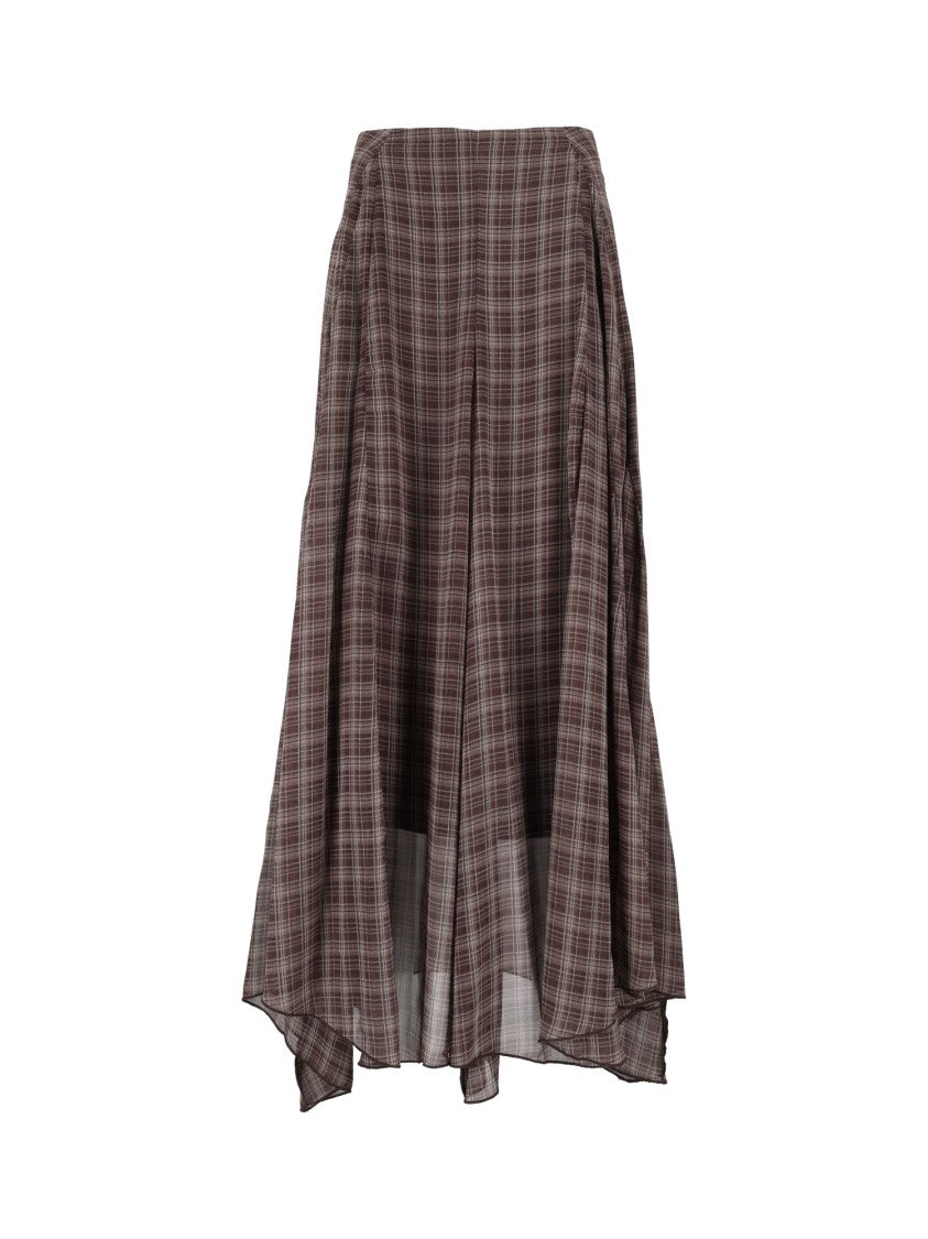 Eleh Brown Asymmetrical Plaid Midi Skirt