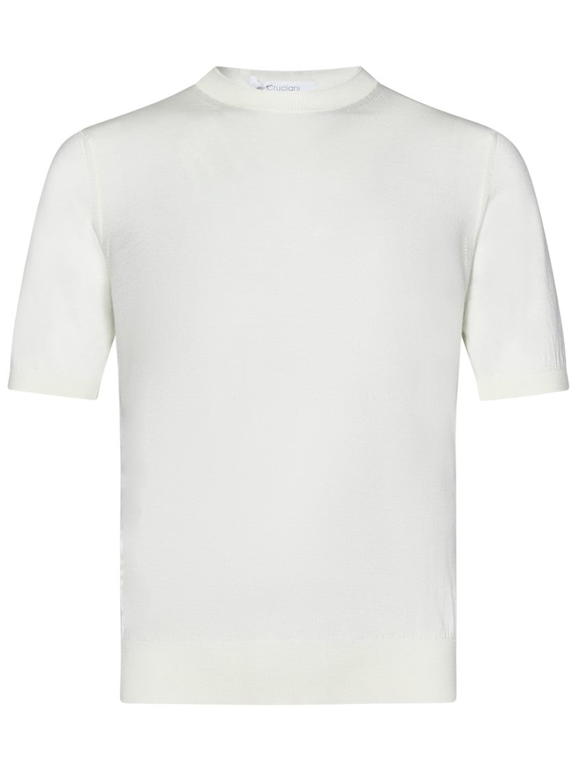 Cruciani Short-Sleeved Cream Wool Knit Top With Ribbed Trims