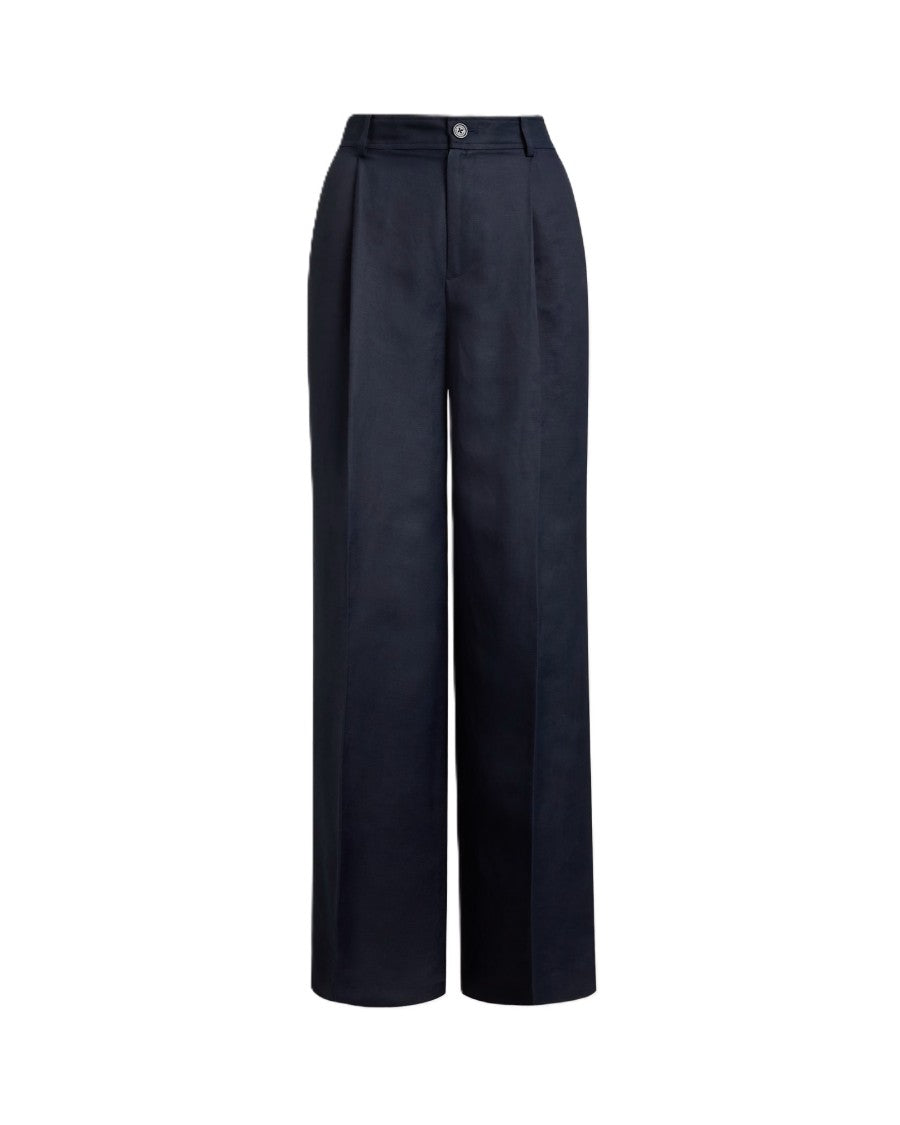 Lauren Ralph Lauren Navy Blue Woven Linen Wide Trousers