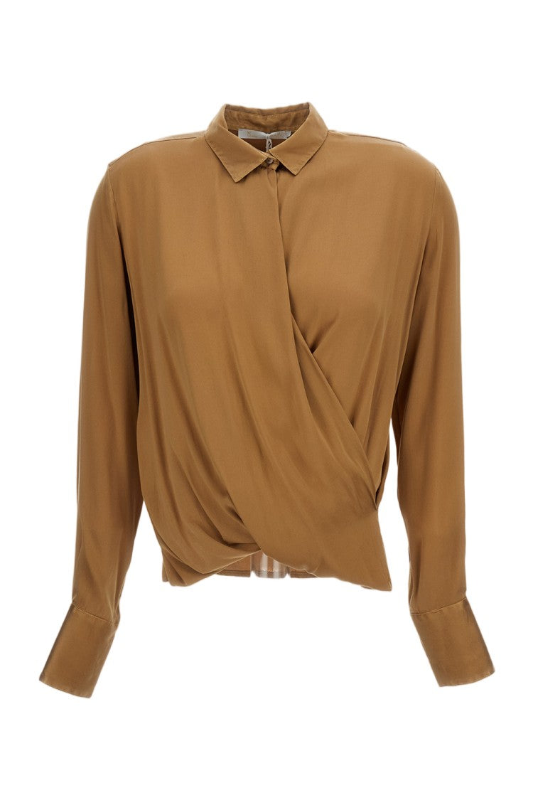 Q-Wins Draped Wrap-Style Long-Sleeved Shirt With Classic Collar
