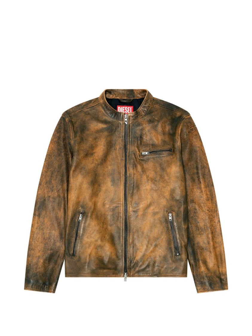 Diesel Distressed Brown Leather Jacket With Structured Fit