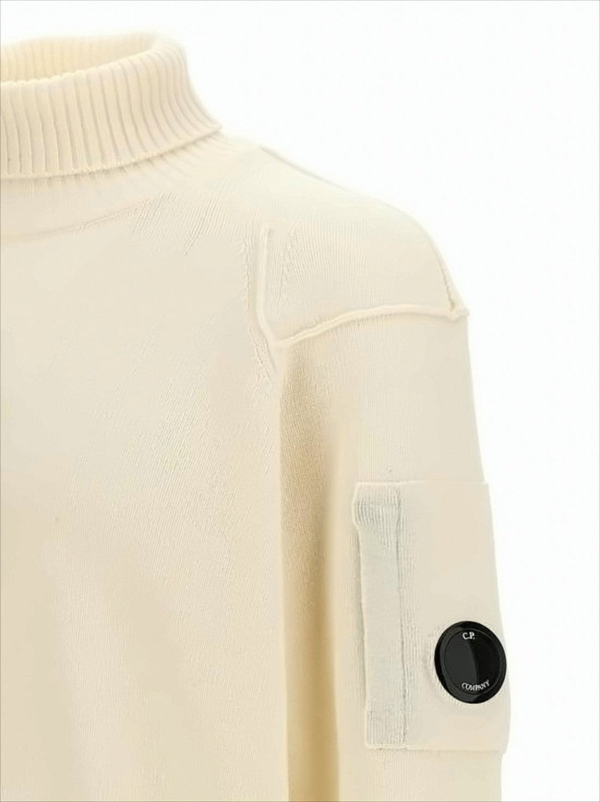 C.P. Company Cream Wool-Nylon Blend Turtleneck Sweater With Iconic Lens Detail