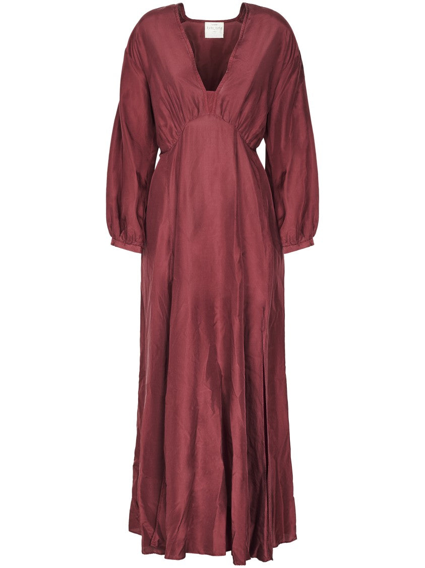 Forte Forte Burgundy Habotai Silk Midi Dress With Puffed Sleeves