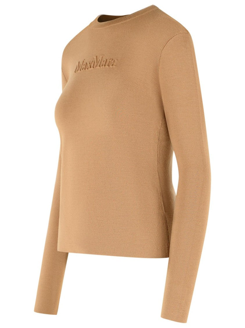 Max Mara Pure Wool Interlock Yarn Sweater With Brown Embossed Logo