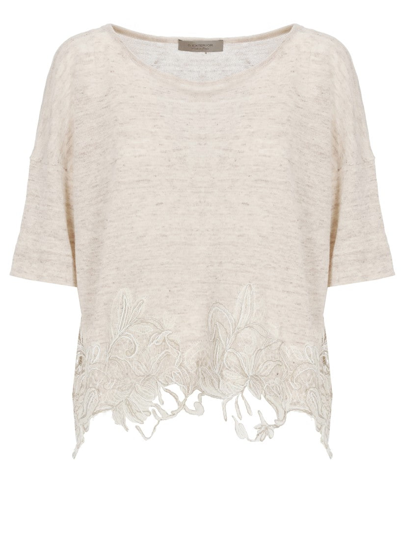 D. Exterior Beige Lace Linen-Blend Hem Short-Sleeved Top