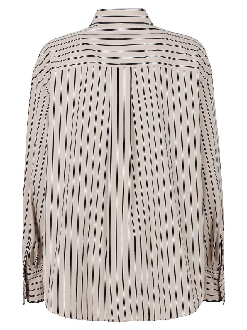 Brunello Cucinelli Beige Striped Shirt With Front Tie Detail And Buttoned Cuffs