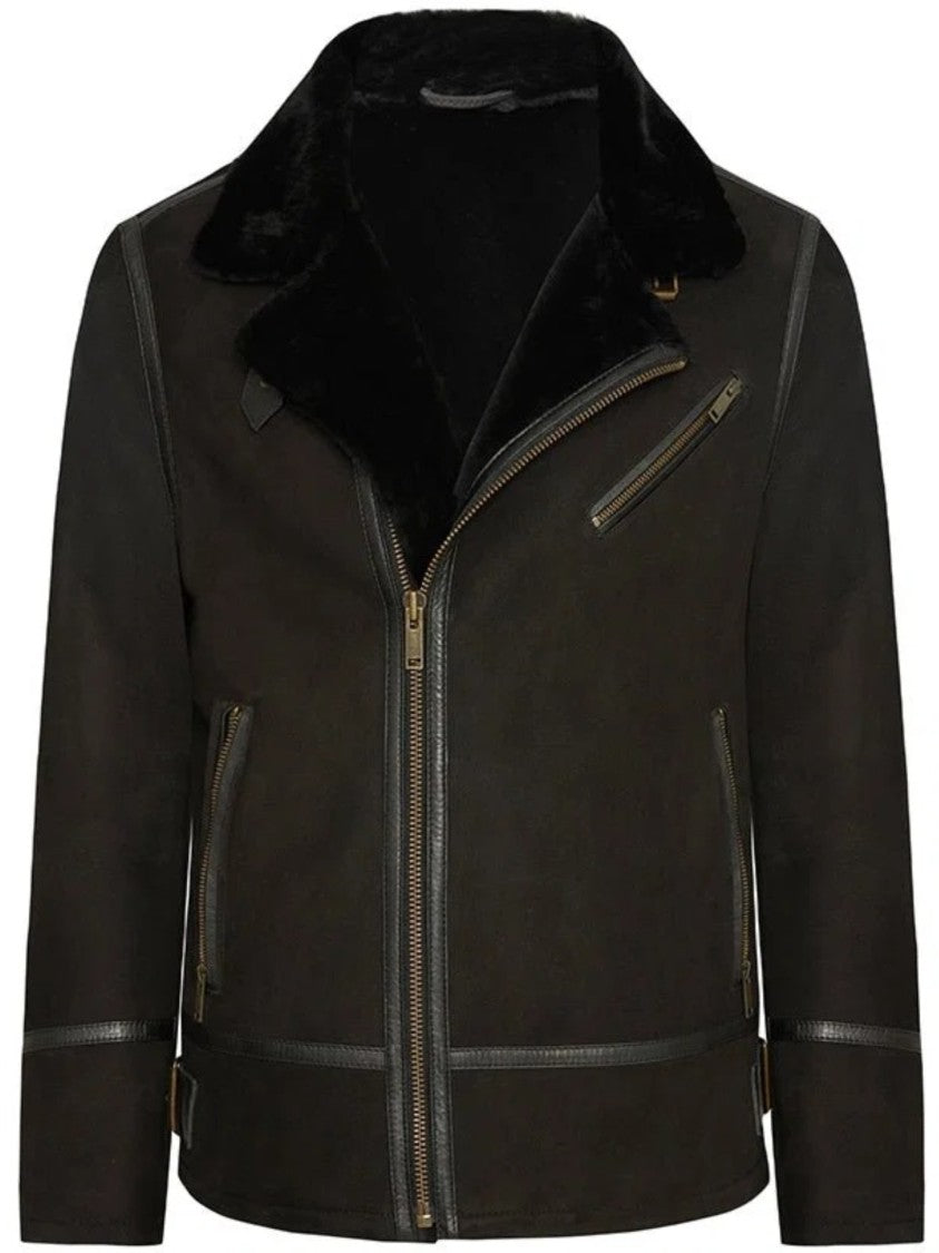 Bigardini Structured Black Shearling Jacket With Asymmetrical Zipper