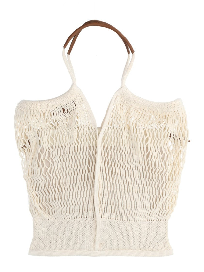 Hereu Netted Cotton Lamb Leather Handles Tote Bag