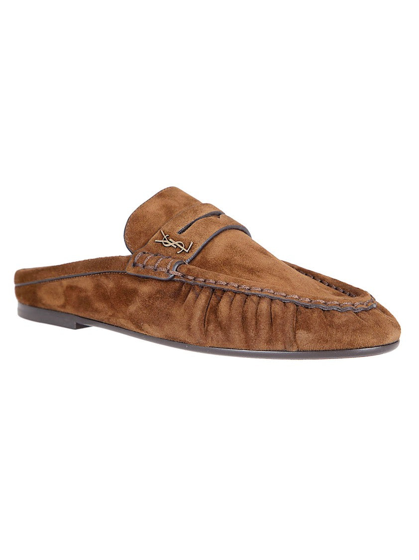 Saint Laurent Suede Mule Sandals With Hand-Stitched Pointed Toe And Cassandre Embellishment