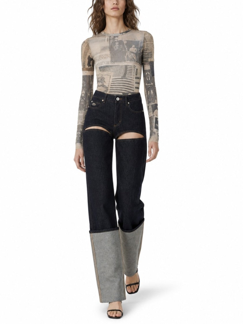 Jean Paul Gaultier Journal Print Fitted Semi-Sheer Top