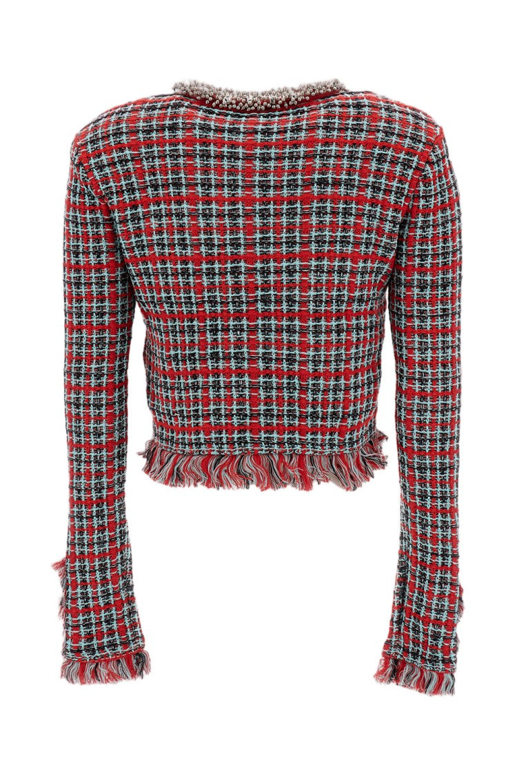 Self-Portrait Frayed Red Check Knit Jacket With Bead Embellishment