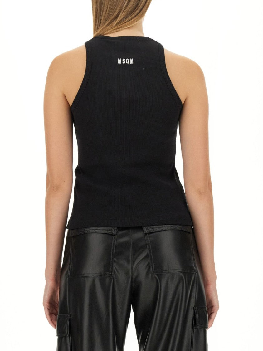 Msgm Fitted Sleeveless Ribbed Cotton Top With Embroidered Detail