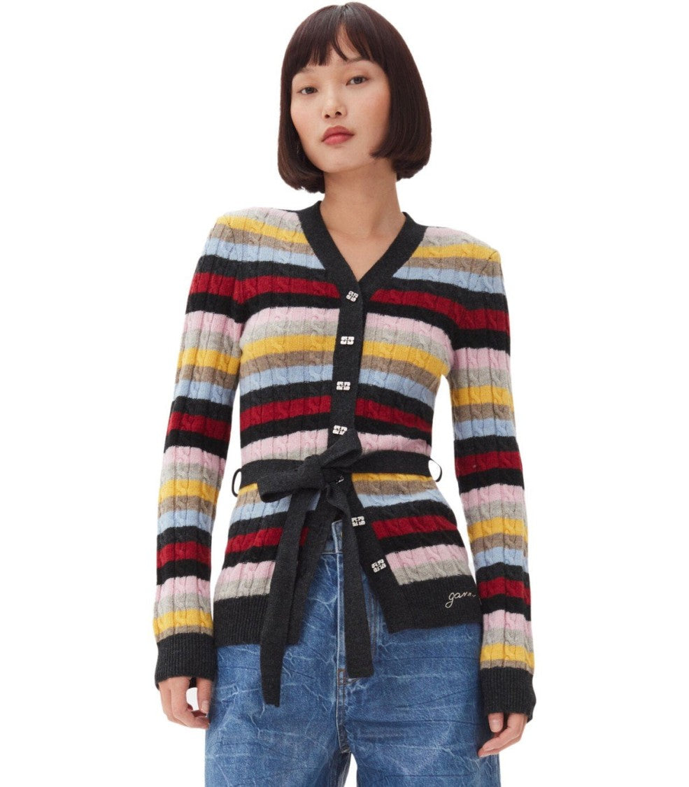 Ganni Multicolor Striped Cardigan With Belt