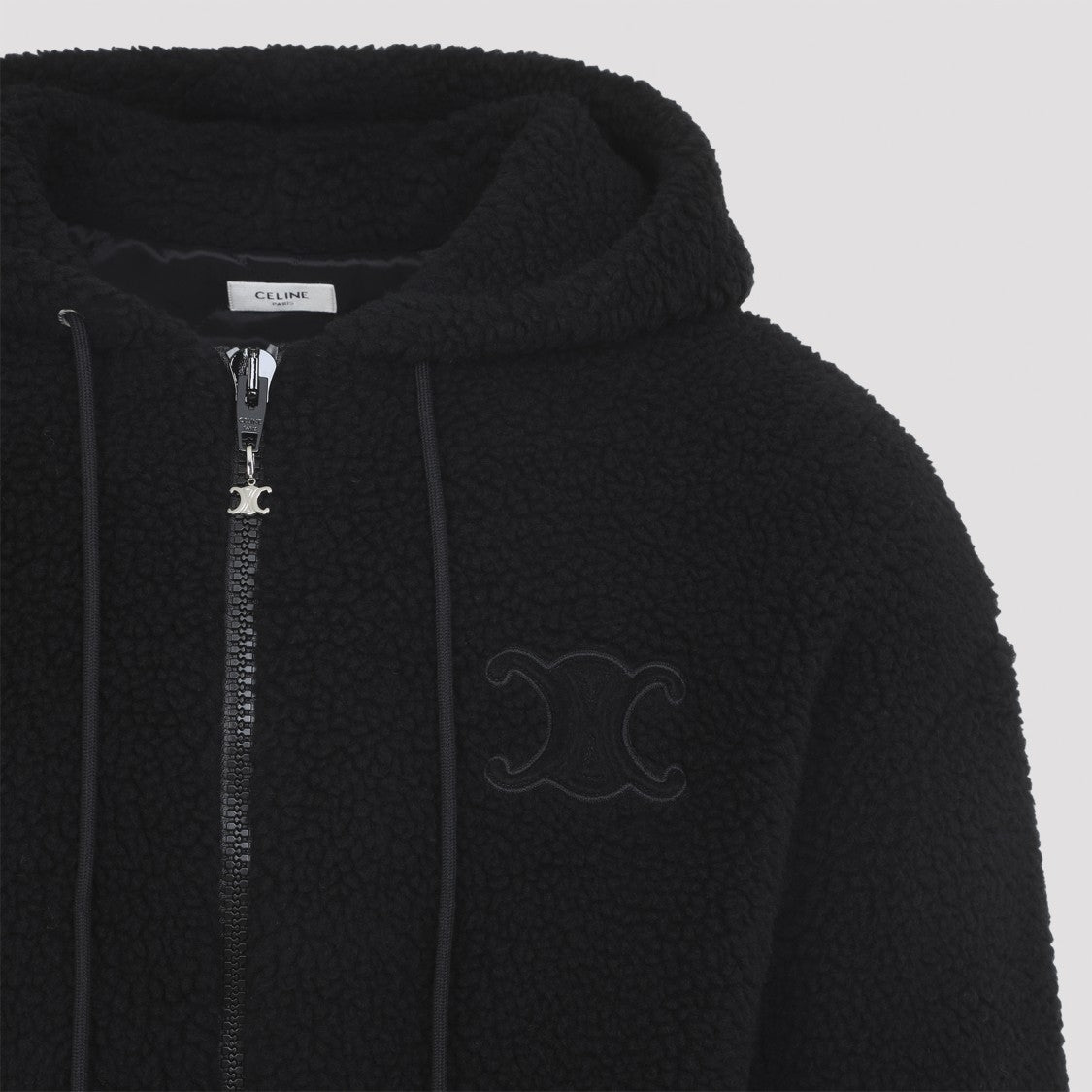 Celine Hooded Black Teddy Wool Jacket With Logo Patch