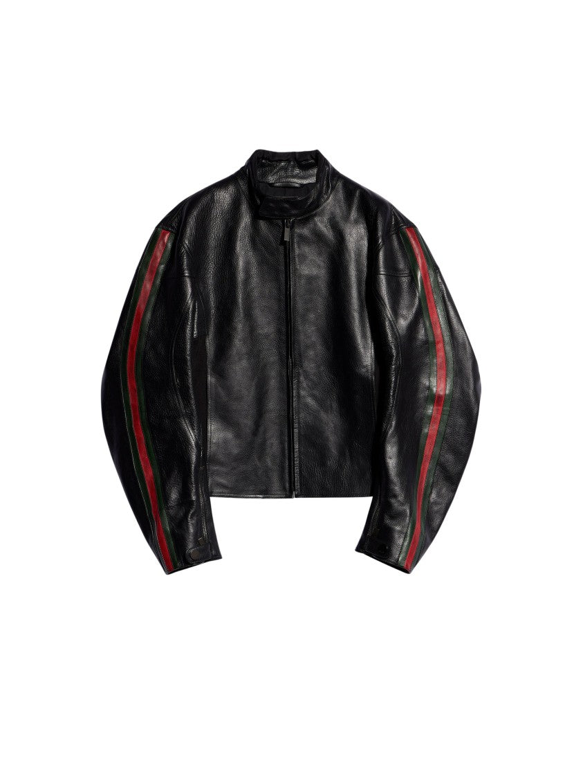 Gucci Black Treated Calfskin Leather Biker Jacket