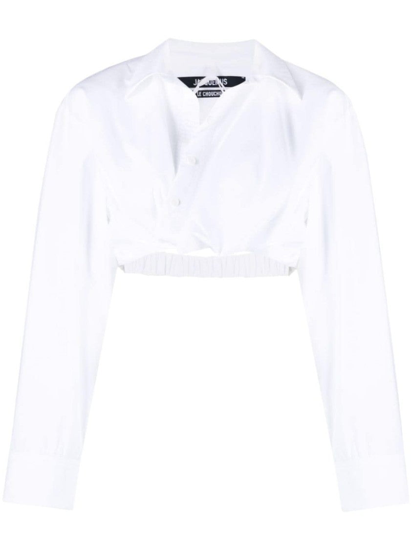 Jacquemus Cropped Off-White Stretch Cotton Shirt With Classic Collar And Fitted Silhouette