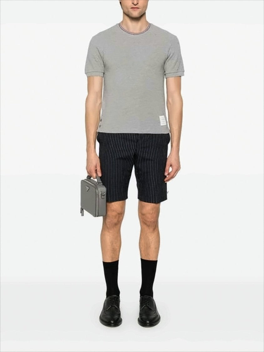 Thom Browne Short-Sleeve Cotton T-Shirt With Striped Neckline And Snap Hem