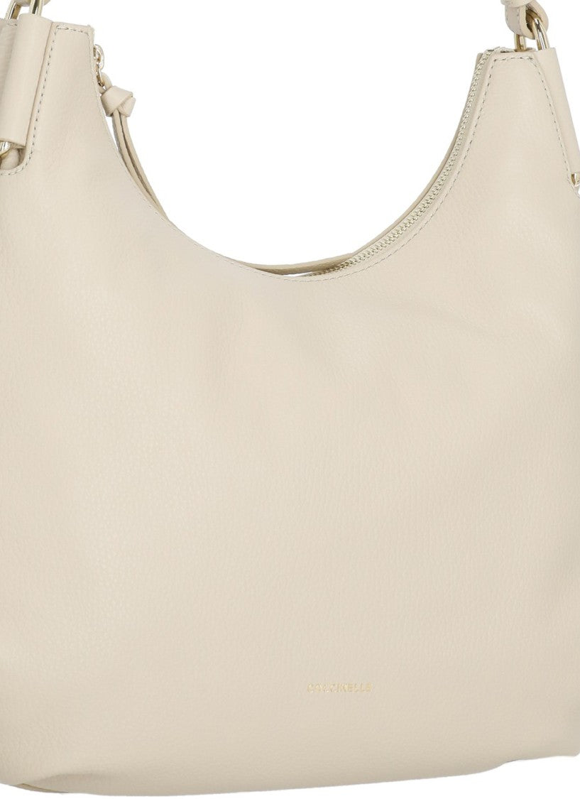 Coccinelle Beige Pebbled Leather Shoulder Bag With Adjustable Strap