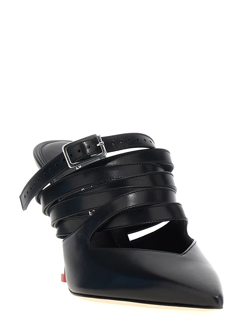 Mcqueen Sculpted Leather Strap Mules With Lacquered Heel