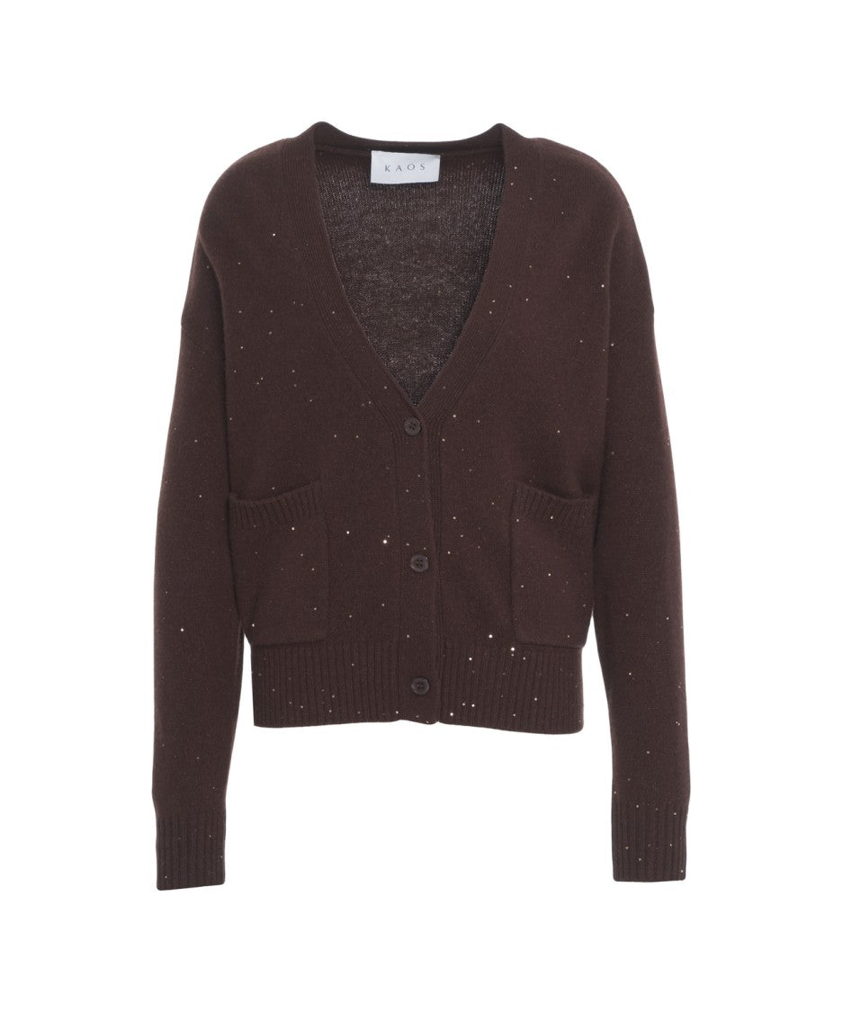 Kaos Brown Knit Cardigan With Deep V-Neck And Button Closure