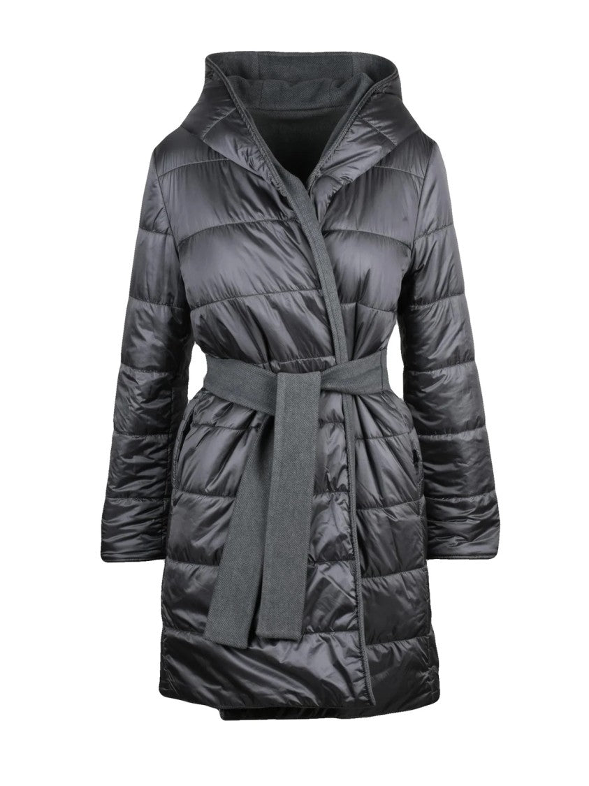 Emme By Marella Grey Polyester-Blend Belted Reversible Padded Coat
