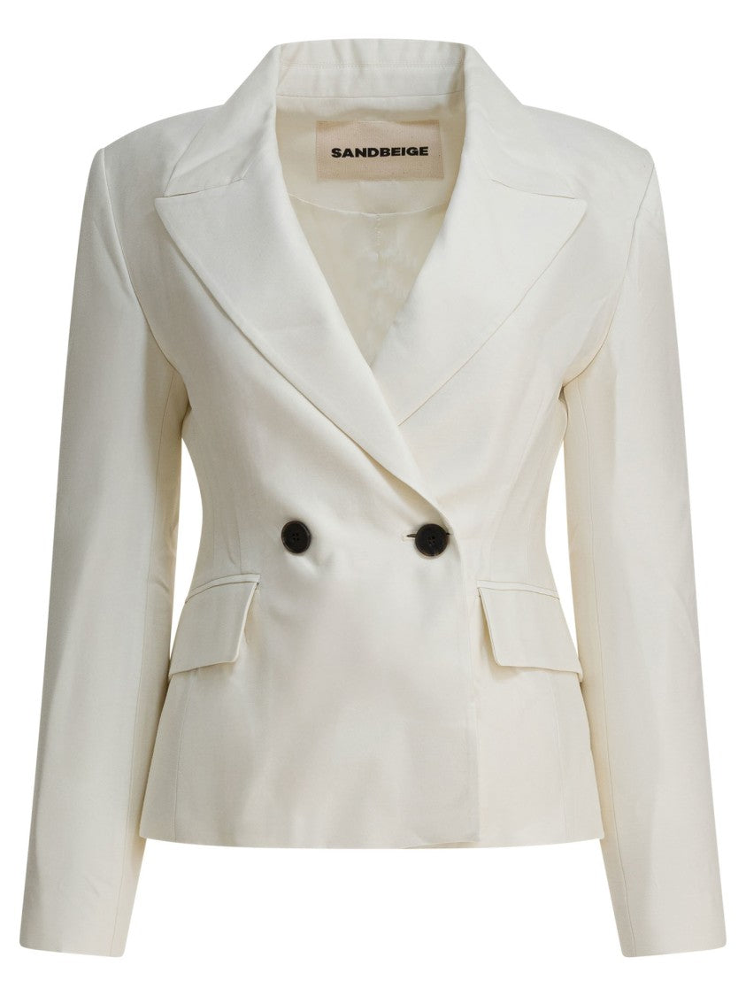 Sandbeige Double-Breasted Tailored Jacket With Flap Pockets