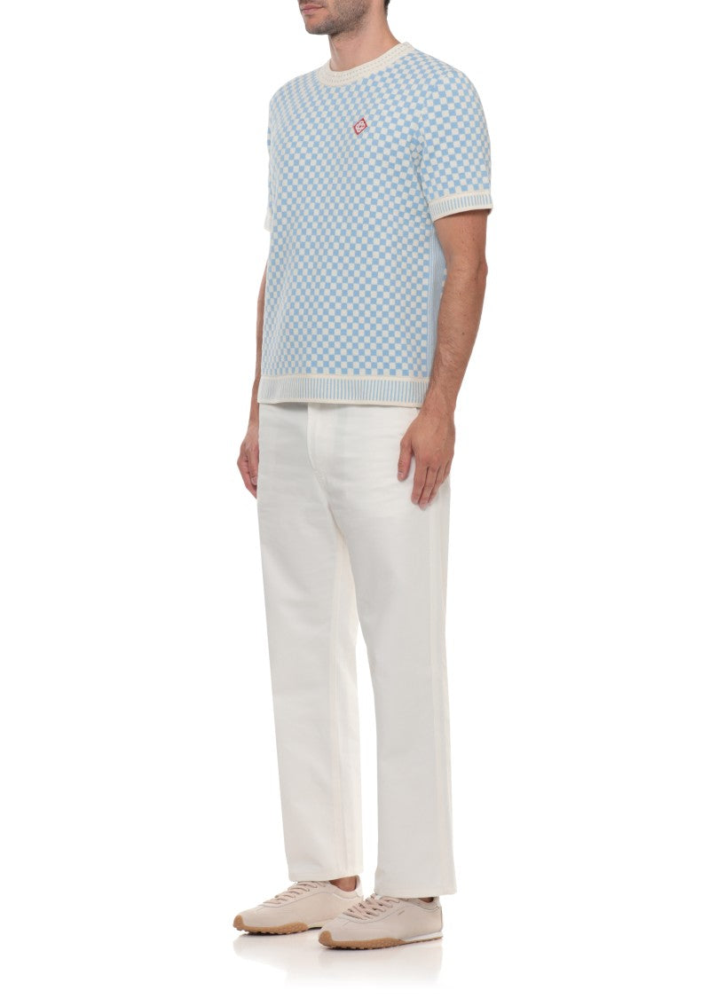 Casablanca White Light Blue Checkered Cotton T-Shirt