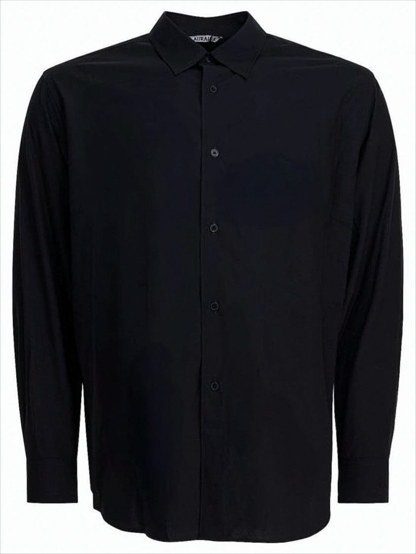 Auralee Long-Sleeve Black Wool Shirt With Classic Collar