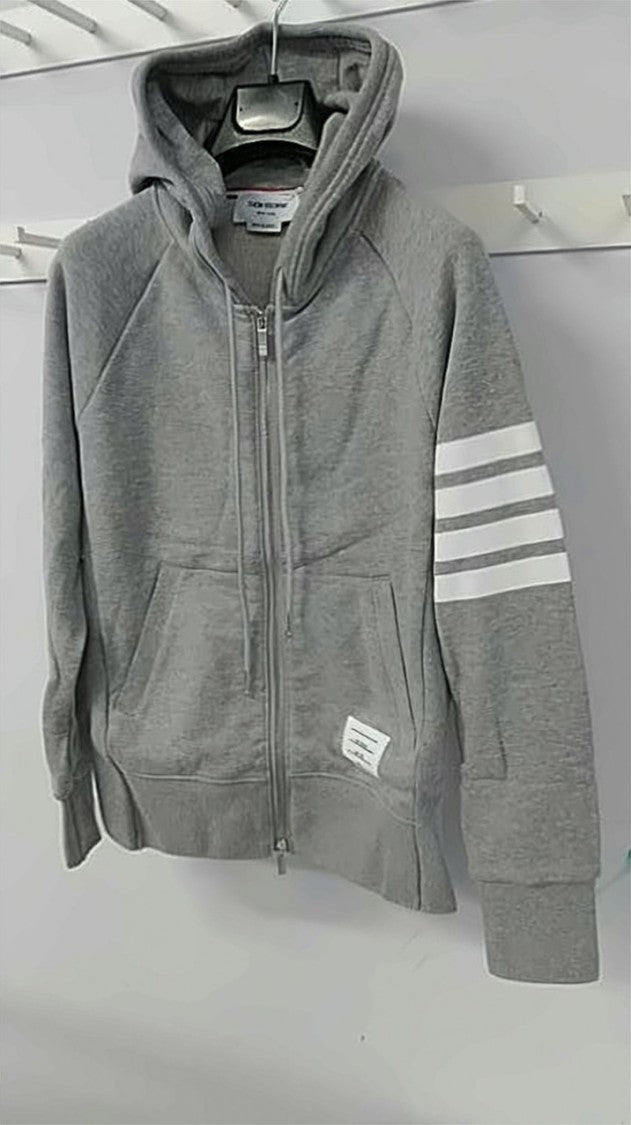 Thom Browne Grey Zip-Up Hoodie With Sporty Stripes