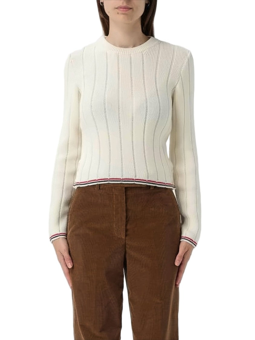 Thom Browne Cropped Ribbed Knit Sweater With Tricolor Details