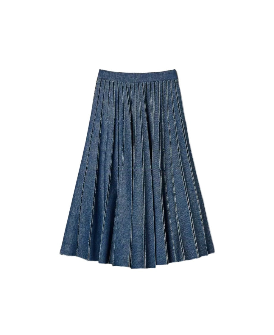 Twin-Set Pleated Denim Perforated Flared Maxi Skirt