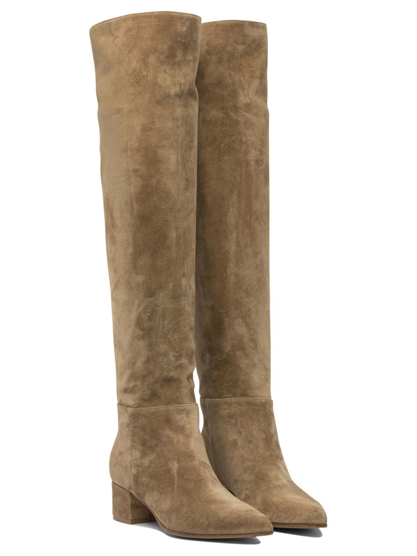 Gianvito Rossi Pointed Toe Beige Suede Ankle Boots