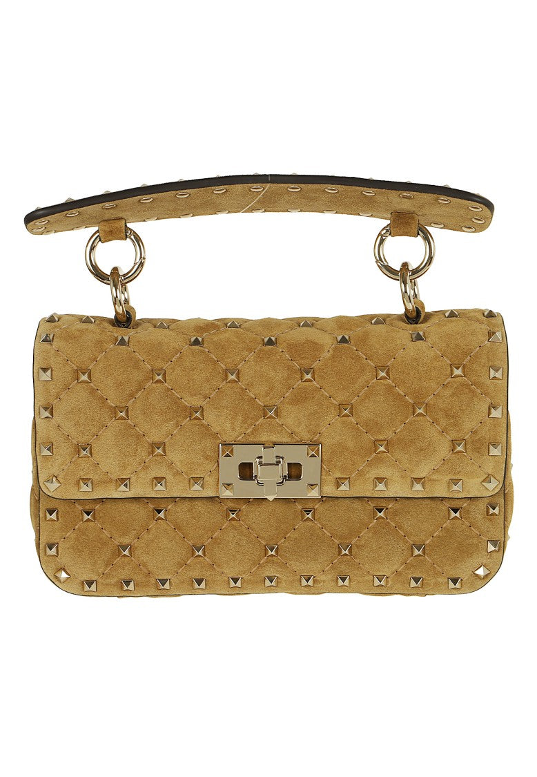Valentino Garavani Beige Rockstud Spike Diamond-Quilted Suede Shoulder Bag