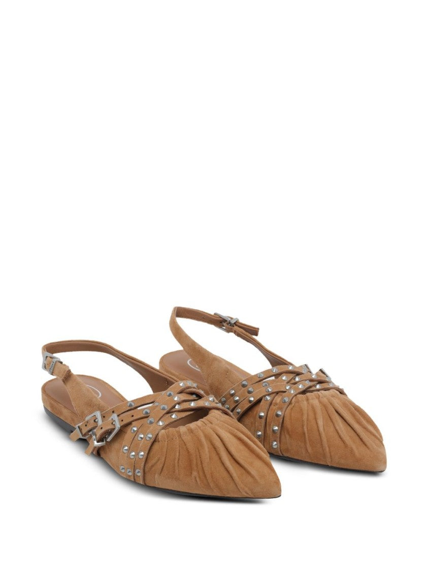 Ash Pointed-Toe Flat Sandals With Ruched Detailing And Metallic Accents