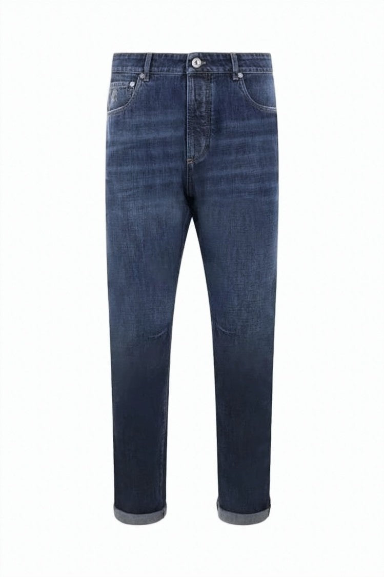 Brunello Cucinelli Medium Blue Wash Denim Pants With Tapered Leg And Rolled Cuffs